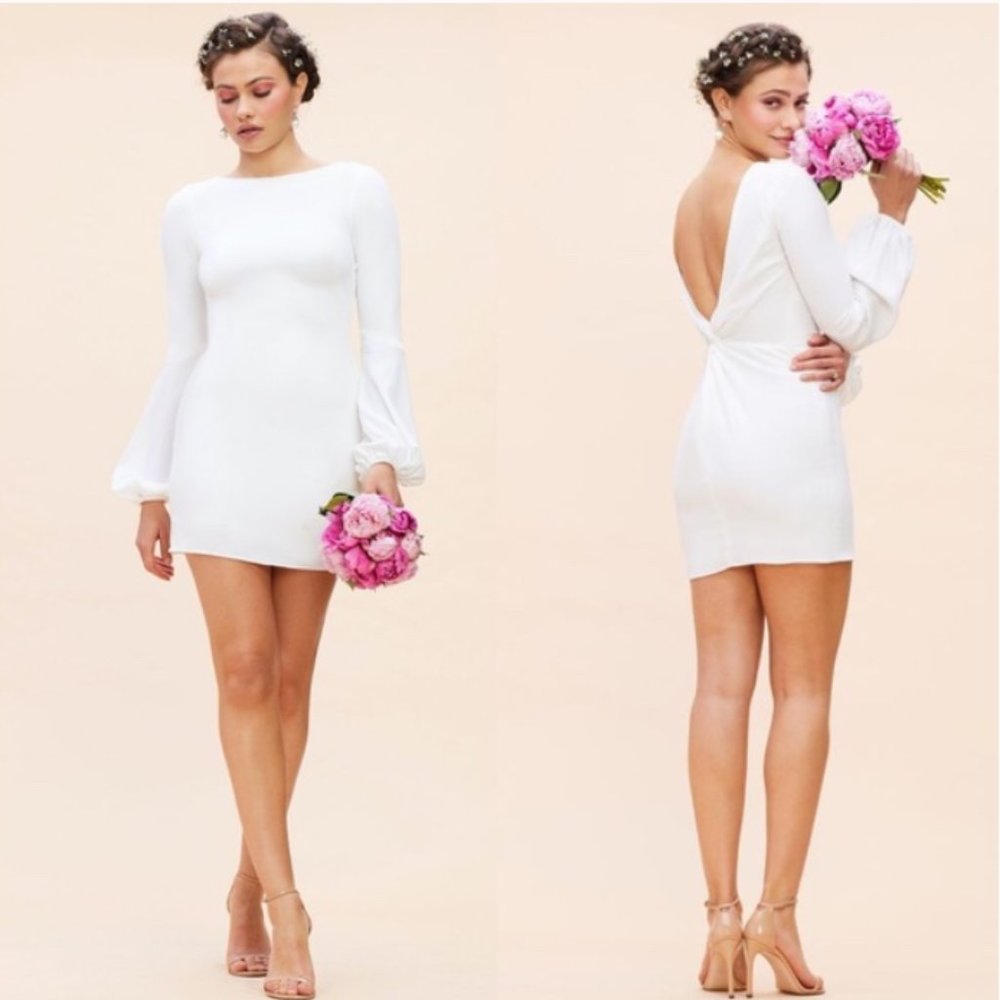 White Long Sleeve Backless Mini/Midi Dress